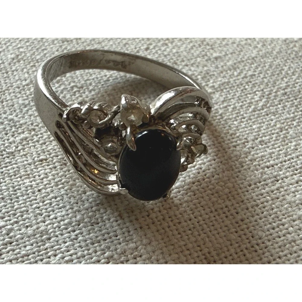 Vintage 14Kt ge silver tone Black cabochon Bypass Ring‎ Size 7.5 Flaws